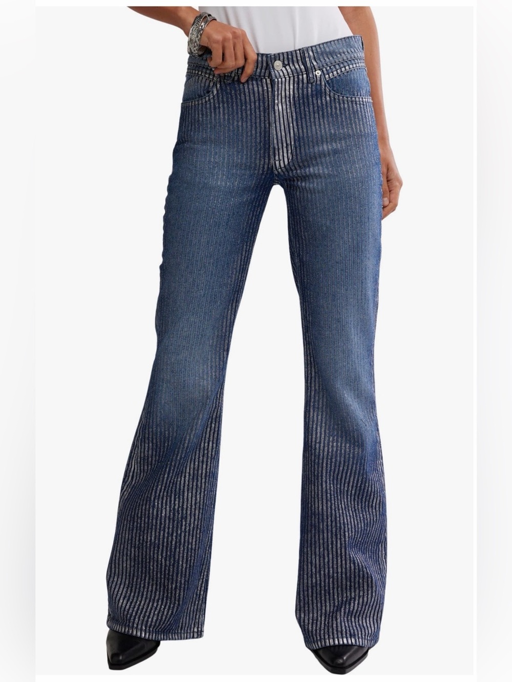 Free People West Coast Metallic High Waist Flare  Jean 💯Cotton NWT